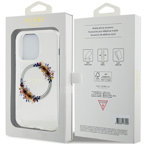 Tagakaaned Guess Guess IML Flowers Wreatch MagSafe case for iPhone 15 Pro - transparent