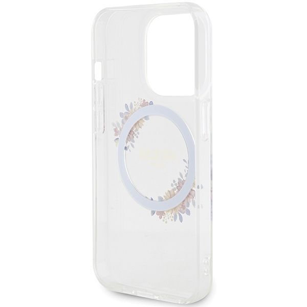 Tagakaaned Guess Guess IML Flowers Wreatch MagSafe case for iPhone 15 Pro - transparent