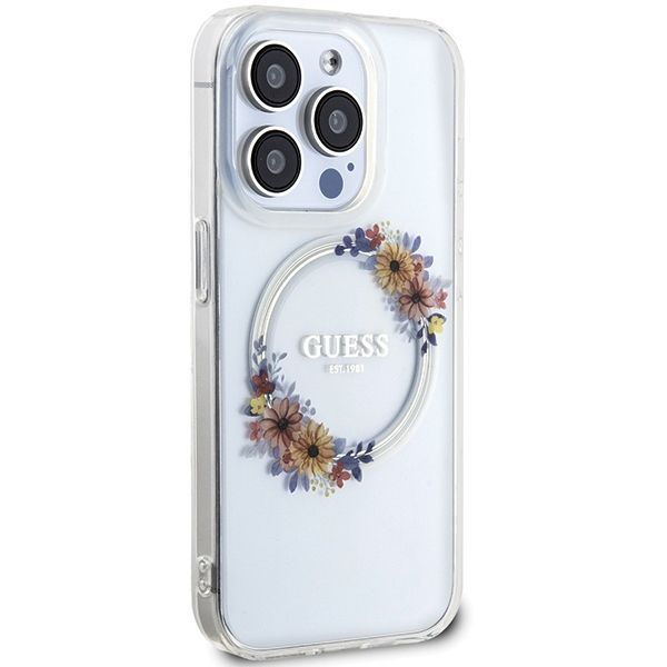 Tagakaaned Guess Guess IML Flowers Wreatch MagSafe case for iPhone 15 Pro - transparent