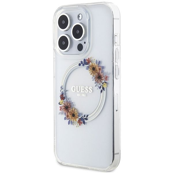 Tagakaaned Guess Guess IML Flowers Wreatch MagSafe case for iPhone 15 Pro - transparent