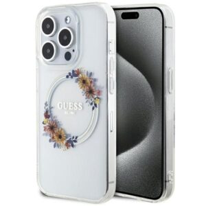 Nugarėlės dėklai Guess  Guess IML Flowers Wreatch MagSafe iPhone 15 Pro Max Case - Clear 