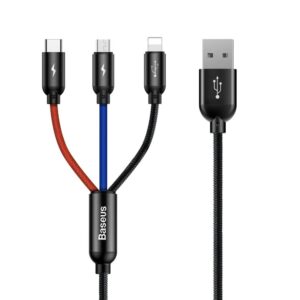 Kabelis Baseus  Baseus Three Primary Colors 3in1 USB-A - micro USB / Lightning / USB-C 3.5A cable 0.3 m - black