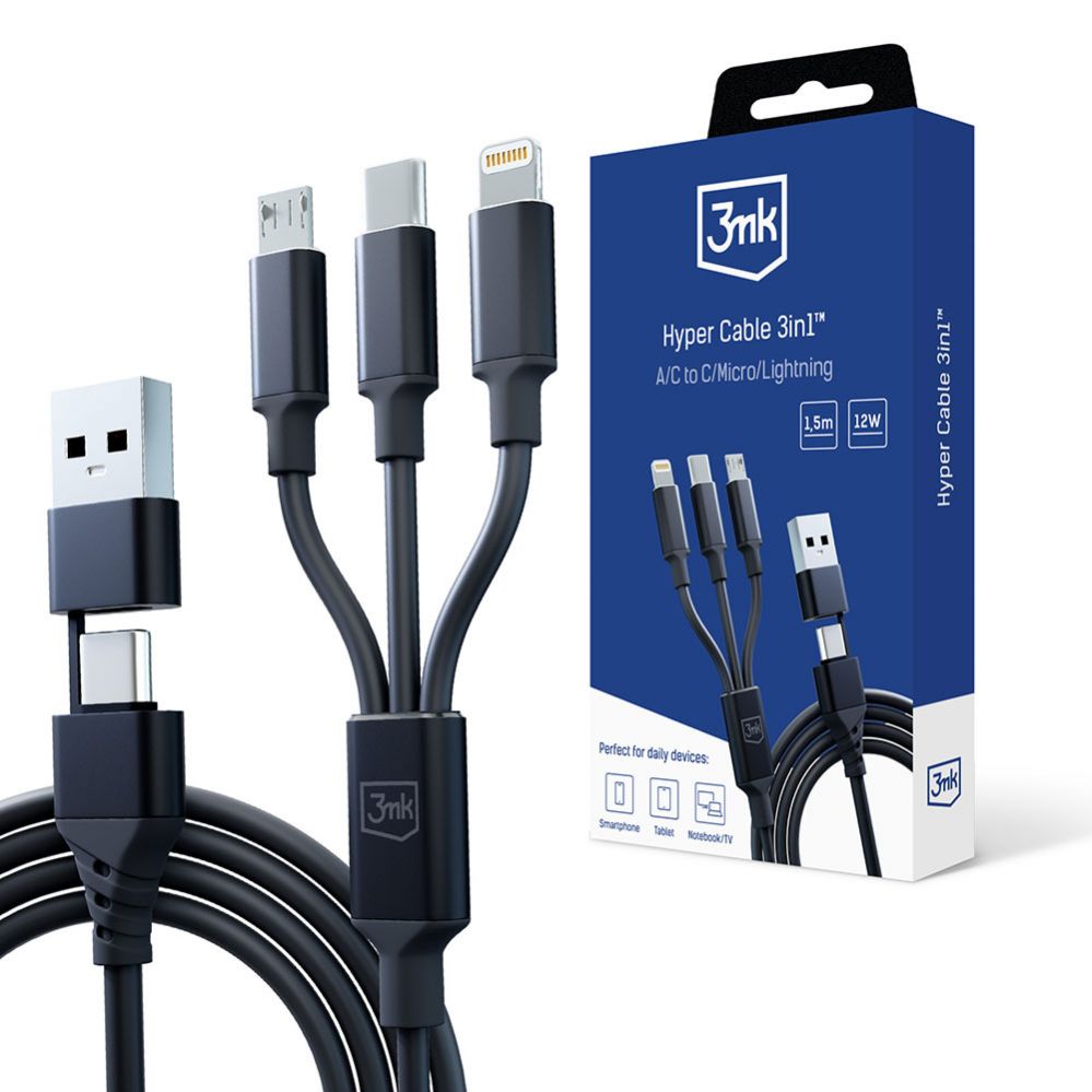 Üleminek 3MK 3mk Hyper Cable 3in1 USB-A - USB-C / USB-C - micro USB - Lightning 1.5m - black