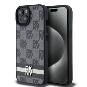 Cits mobilo telefonu aksesuārs DKNY  DKNY Leather Checkered Mono Pattern & Printed Stripes Case for iPhone 15/14/13 - Black 