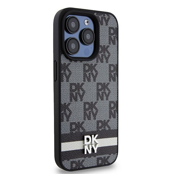 Cits mobilo telefonu aksesuārs DKNY DKNY Leather Checkered Mono Pattern & Printed Stripes iPhone 15 Pro Case - Black