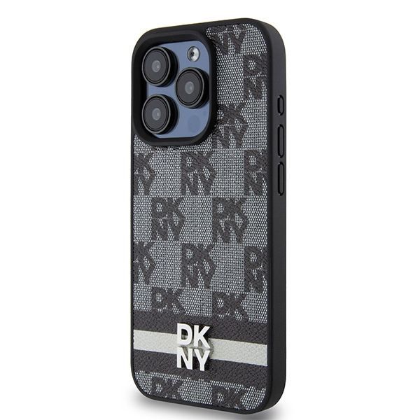 Cits mobilo telefonu aksesuārs DKNY DKNY Leather Checkered Mono Pattern & Printed Stripes iPhone 15 Pro Case - Black