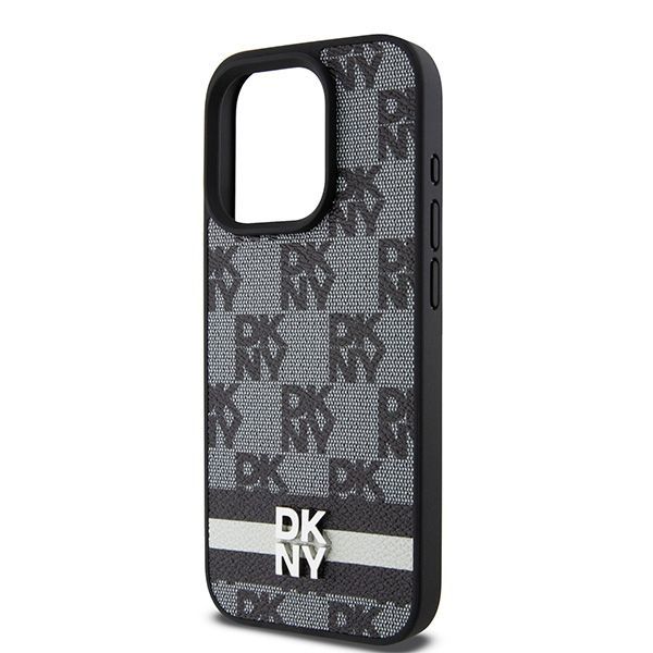 Cits mobilo telefonu aksesuārs DKNY DKNY Leather Checkered Mono Pattern & Printed Stripes iPhone 15 Pro Case - Black