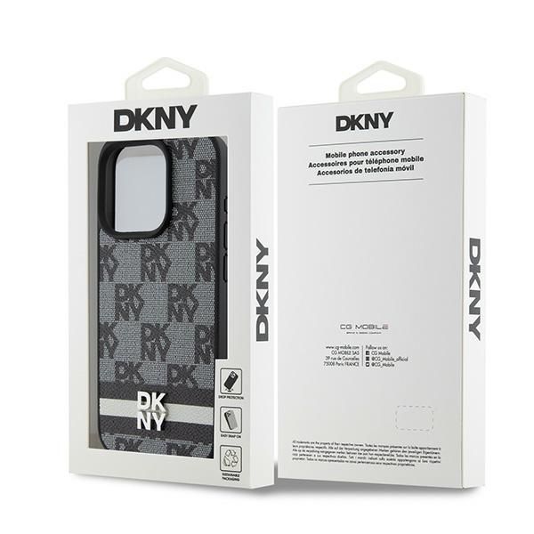 Cits mobilo telefonu aksesuārs DKNY DKNY Leather Checkered Mono Pattern & Printed Stripes iPhone 15 Pro Case - Black
