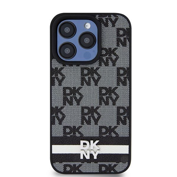 Cits mobilo telefonu aksesuārs DKNY DKNY Leather Checkered Mono Pattern & Printed Stripes iPhone 15 Pro Case - Black