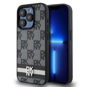 Cits mobilo telefonu aksesuārs DKNY  DKNY Leather Checkered Mono Pattern & Printed Stripes Case for iPhone 15 Pro Max - Black 