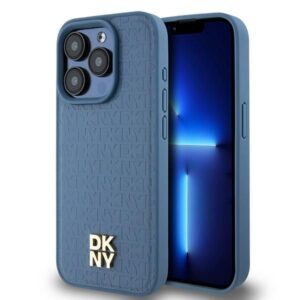 Cits mobilo telefonu aksesuārs DKNY  DKNY Leather Monogram Pattern Metal Logo MagSafe Case for iPhone 15 Pro - Blue 