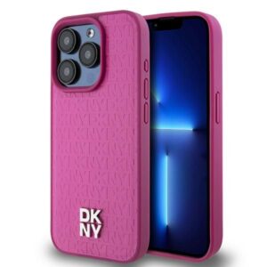 Cits mobilo telefonu aksesuārs DKNY  DKNY Leather Monogram Pattern Metal Logo MagSafe Case for iPhone 15 Pro - Pink 