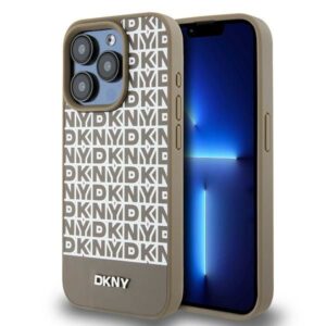 Cits mobilo telefonu aksesuārs DKNY  DKNY Leather Printed Pattern Metal Logo MagSafe Case for iPhone 15 Pro - Brown 