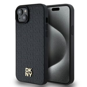 Cits mobilo telefonu aksesuārs DKNY  DKNY Leather Monogram Pattern Metal Logo MagSafe Case for iPhone 15 Plus / 14 Plus - Black 