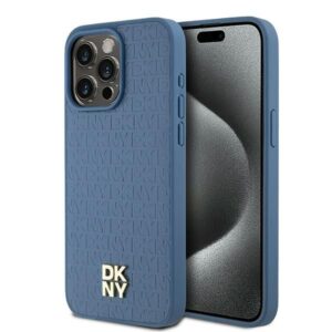 Cits mobilo telefonu aksesuārs DKNY  DKNY Leather Monogram Pattern Metal Logo MagSafe Case for iPhone 15 Pro Max - Blue 