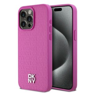 Cits mobilo telefonu aksesuārs DKNY  DKNY Leather Monogram Pattern Metal Logo MagSafe Case for iPhone 15 Pro Max - Pink 