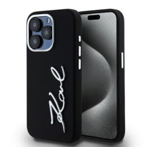 Cits mobilo telefonu aksesuārs Karl Lagerfeld  Karl Lagerfeld Silicone Metal Script Logo case for iPhone 15 Pro - black 