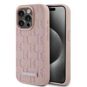 Kitas telefono priedas Karl Lagerfeld  Karl Lagerfeld Leather Monogram Metal Logo case for iPhone 15 Pro Max - pink 