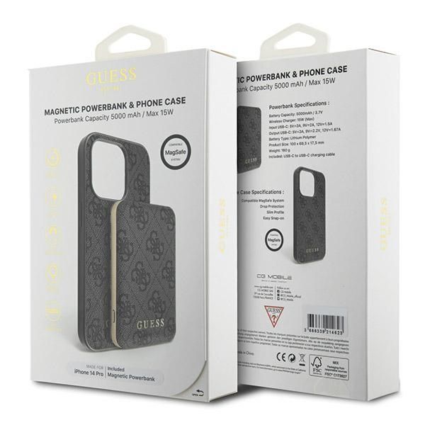 Other Phone Accessory Guess Guess 4G Metal Logo case set for iPhone 14 Pro + 5000mAh MagSafe power bank - black