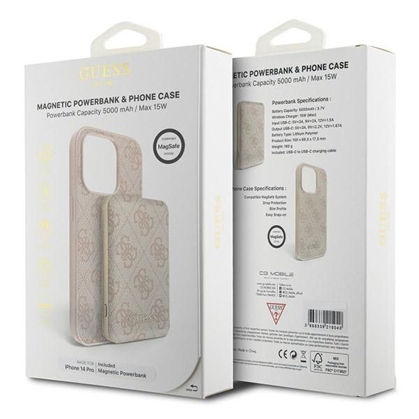 Other Phone Accessory Guess Guess 4G Metal Logo case set for iPhone 14 Pro + 5000mAh MagSafe power bank - pink