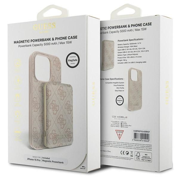 Muu telefoni lisavarustus Guess Guess 4G Metal Logo case set for iPhone 15 Pro + 5000mAh MagSafe power bank - pink