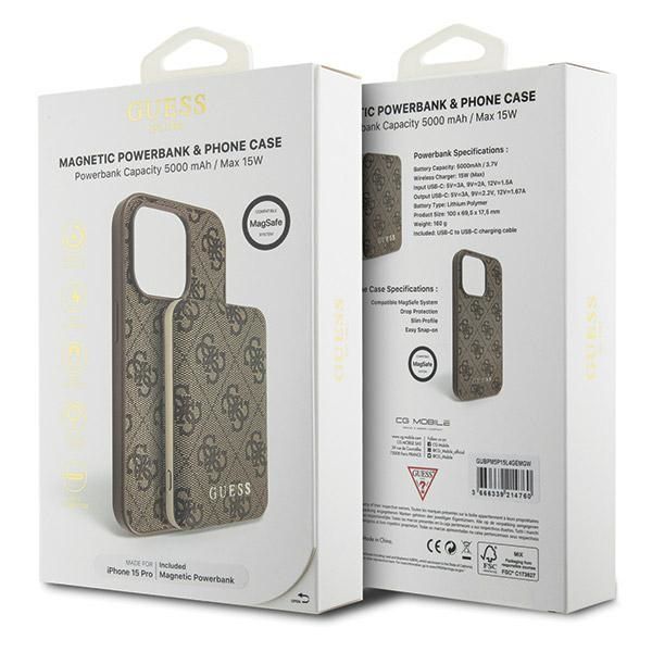 Other Phone Accessory Guess Guess 4G Metal Logo case set for iPhone 15 Pro + 5000mAh MagSafe power bank - brown