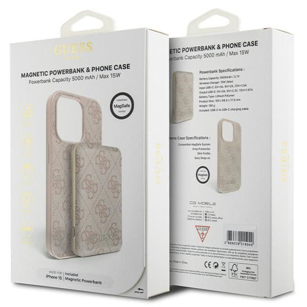 Other Phone Accessory Guess Guess 4G Metal Logo case set for iPhone 15 + 5000mAh MagSafe power bank - pink