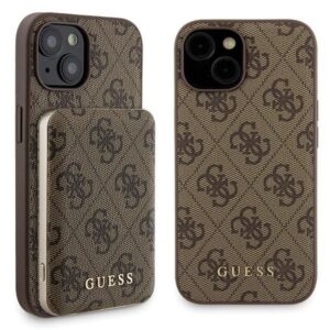 Cits mobilo telefonu aksesuārs Guess  Guess 4G Metal Logo case set for iPhone 15 + 5000mAh MagSafe power bank - brown