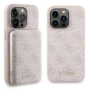 Cits mobilo telefonu aksesuārs Guess  Guess 4G Metal Logo case set for iPhone 15 Pro Max + 5000mAh MagSafe power bank - pink 