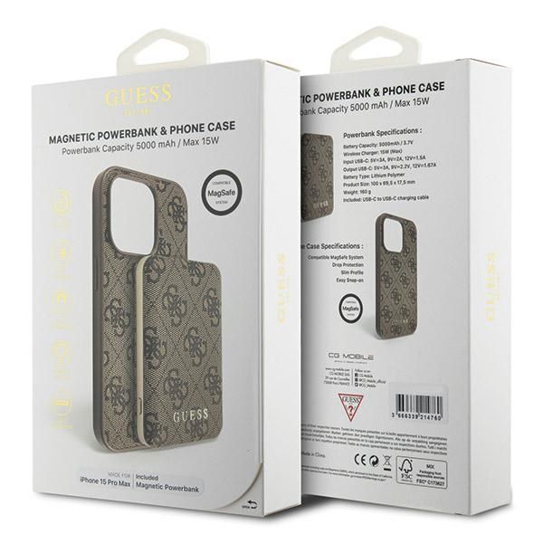 Muu telefoni lisavarustus Guess Guess 4G Metal Logo case set for iPhone 15 Pro Max + 5000mAh MagSafe power bank - brown