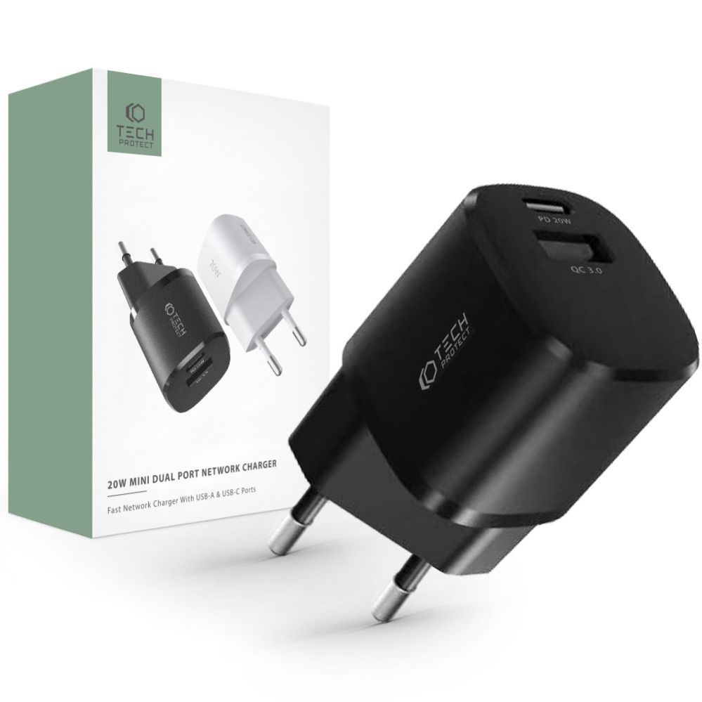 Adapteris Tech-Protect Tech-Protect C20W charger mini USB-C PD 20W / USB-A QC 3.0 - black