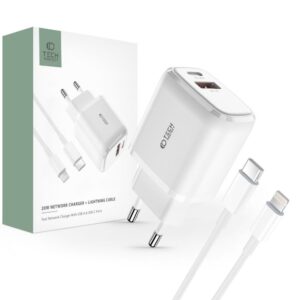Adapteris Tech-Protect  Tech-Protect C20W USB-C PD 20W / USB-A QC 3.0 Charger with USB-C / Lightning Cable - White 