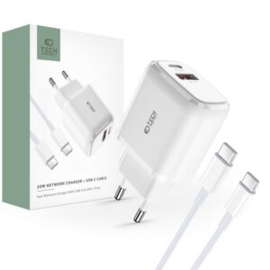 Adapteris Tech-Protect  Tech-Protect C20W USB-C PD 20W / USB-A QC 3.0 charger with USB-C / USB-C cable - white 