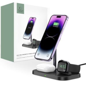 Adapteris Tech-Protect  Tech-Protect QI15W-A22 MagSafe Inductive Charger with 3in1 MagSafe Stand for Smartphone / Apple Watch / AirPods - Black 