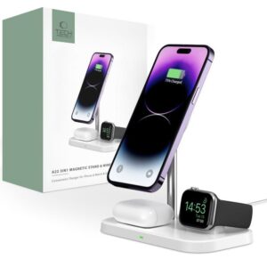 Dock station Tech-Protect  Tech-Protect QI15W-A22 MagSafe inductive charger with 3in1 MagSafe stand for smartphone / Apple Watch / AirPods - white 