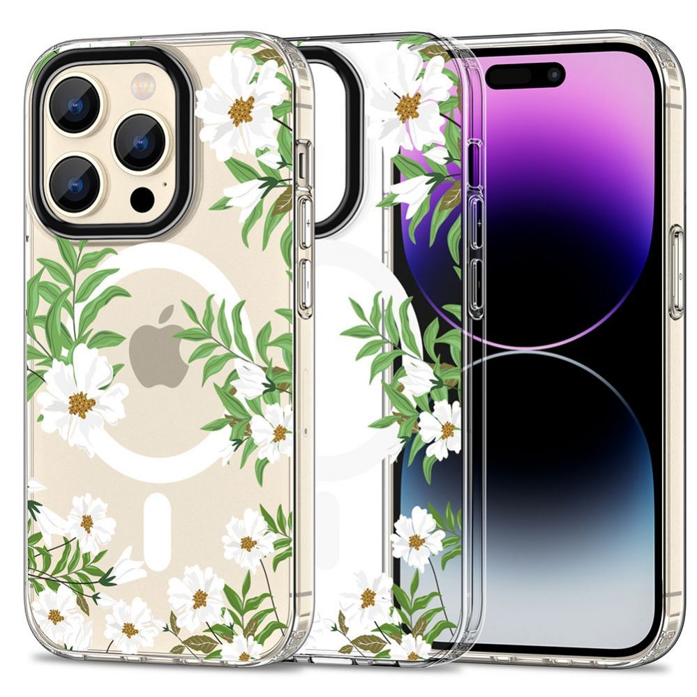 Back panel cover Tech-Protect Tech-Protect MagMood MagSafe case for iPhone 15 Pro - daisies with leaves
