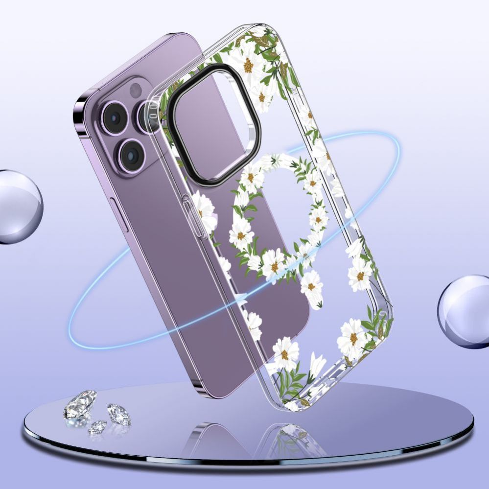 Back panel cover Tech-Protect Tech-Protect MagMood MagSafe case for iPhone 15 Pro - daisies with leaves