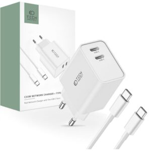 Adapteris Tech-Protect  Tech-Protect C35W 2x USB-C PD 35W charger with USB-C / USB-C cable - white 
