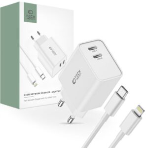 Adapteris Tech-Protect  Tech-Protect C35W 2x USB-C PD 35W Wall Charger with USB-C / Lightning Cable - White 