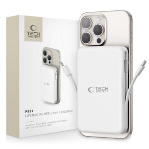 Power bank Tech-Protect  Tech-Protect LifeMag PB31 Power Bank with MagSafe 10000mAh 15W USB-C / USB-A / Built-in USB-C / Lightning Cables - White 