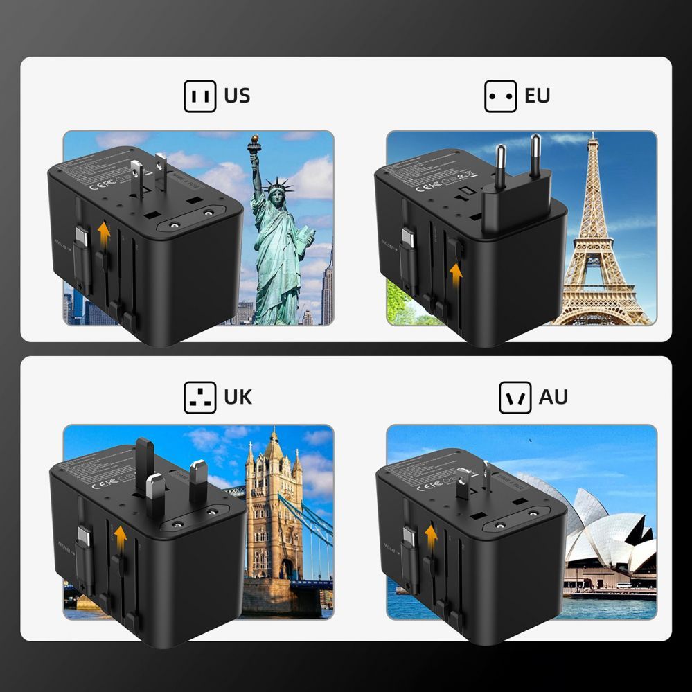 Väline aku Choetech Choetech PD5022 70W EU/US/AUS/UK Travel Adapter with Built-in USB-C Cable - Black