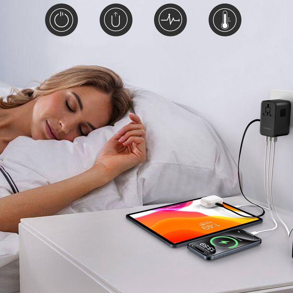 Väline aku Choetech Choetech PD5022 70W EU/US/AUS/UK Travel Adapter with Built-in USB-C Cable - Black