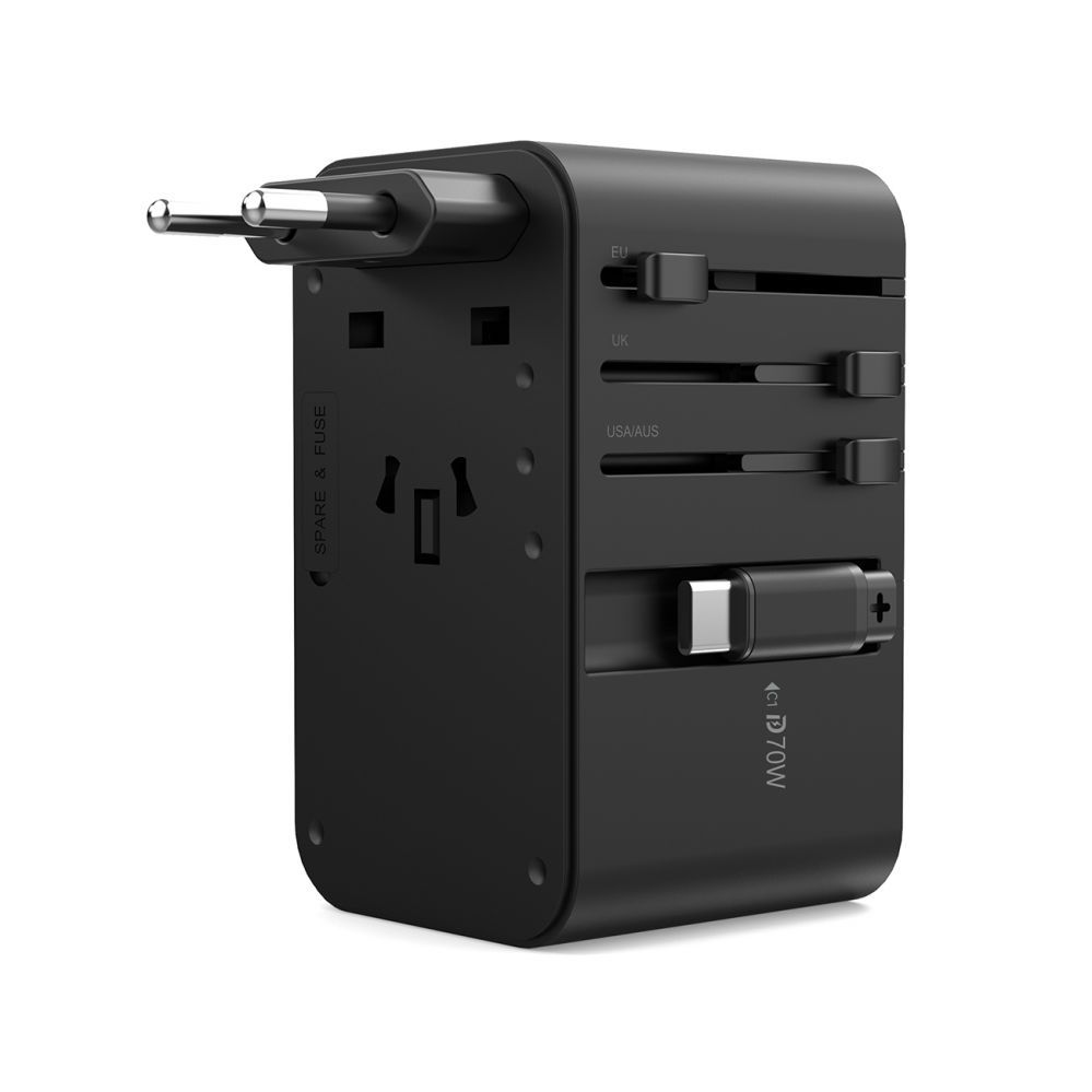 Väline aku Choetech Choetech PD5022 70W EU/US/AUS/UK Travel Adapter with Built-in USB-C Cable - Black