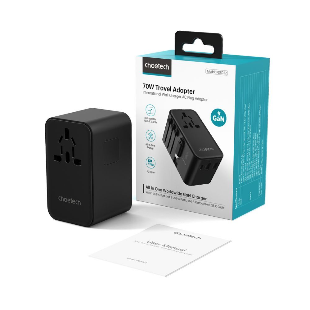 Väline aku Choetech Choetech PD5022 70W EU/US/AUS/UK Travel Adapter with Built-in USB-C Cable - Black