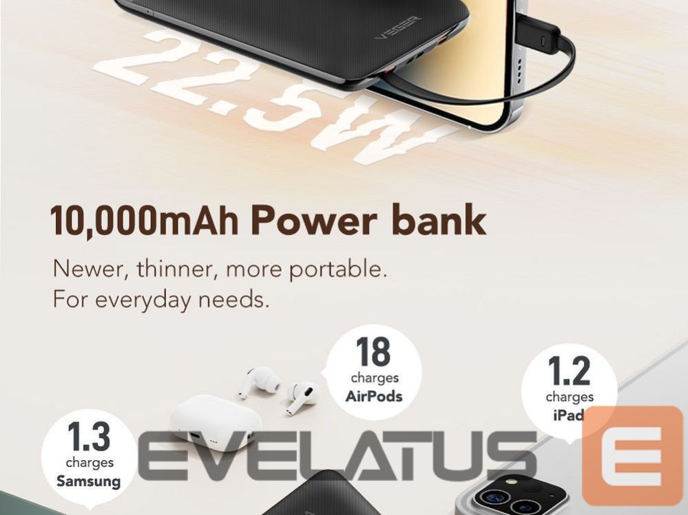 Power bank Veger Powerbank Veger C11 (W1170) PD QC3.0 2A 22,5W 10000 mAh with built-in cables USB C / Lightning black