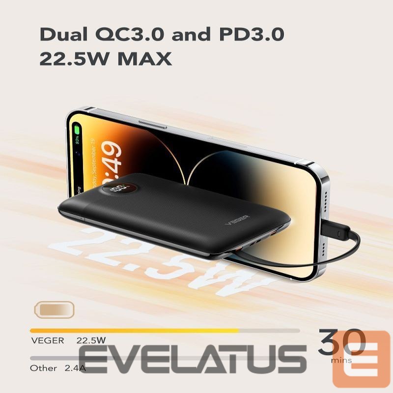 Power bank Veger Powerbank Veger C11 (W1170) PD QC3.0 2A 22,5W 10000 mAh with built-in cables USB C / Lightning black