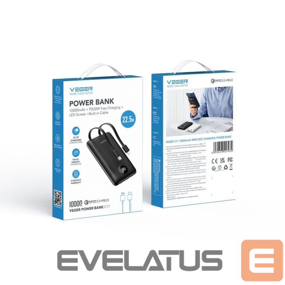Power bank Veger Powerbank Veger C11 (W1170) PD QC3.0 2A 22,5W 10000 mAh with built-in cables USB C / Lightning black