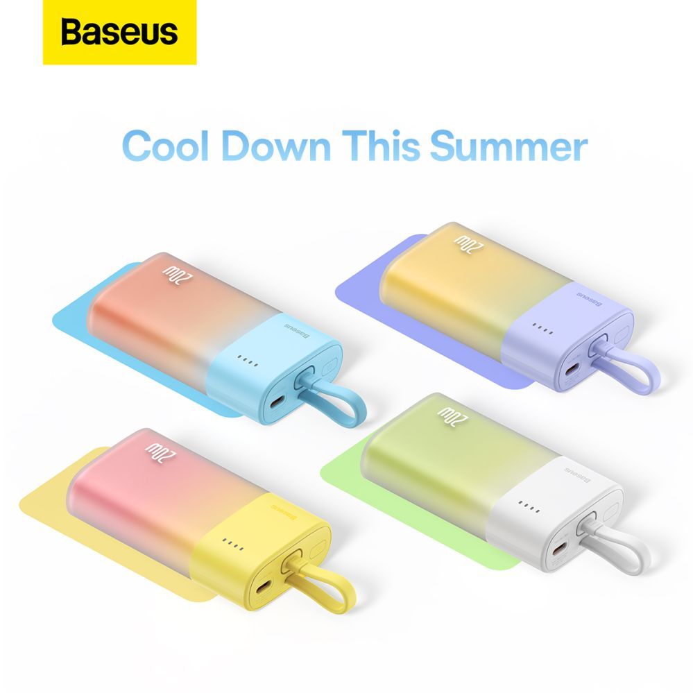 Ārējais akumulators Baseus Baseus Popsicle 5200mAh 20W Powerbank with Built-in Lightning Cable (+ White Baseus Simple USB-C - USB-C 60W/20V/3A/30cm Cable) - Yellow-Pink