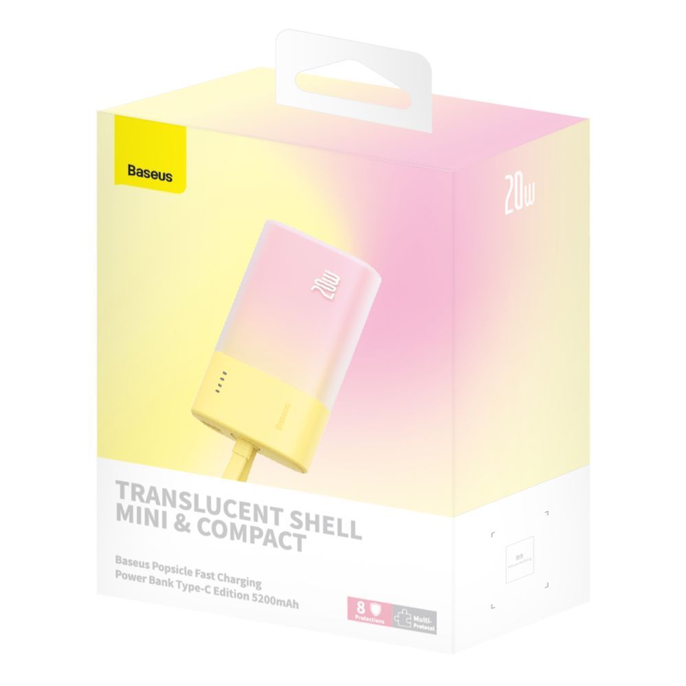 Ārējais akumulators Baseus Baseus Popsicle 5200mAh 20W Powerbank with Built-in Lightning Cable (+ White Baseus Simple USB-C - USB-C 60W/20V/3A/30cm Cable) - Yellow-Pink