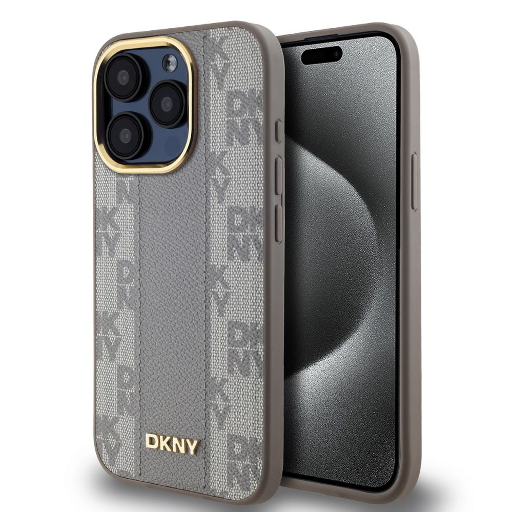 Back panel cover DKNY Apple DKNY PU Leather Checkered Pattern Magsafe Case for iPhone 15 Pro Beige